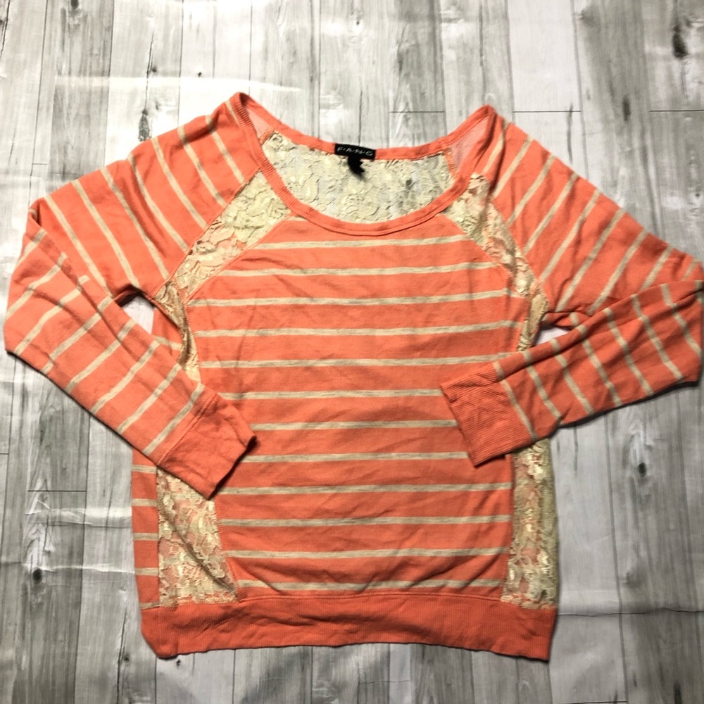 Fang Shirt Womens Small Striped Lace Long Sleeve Top Orange